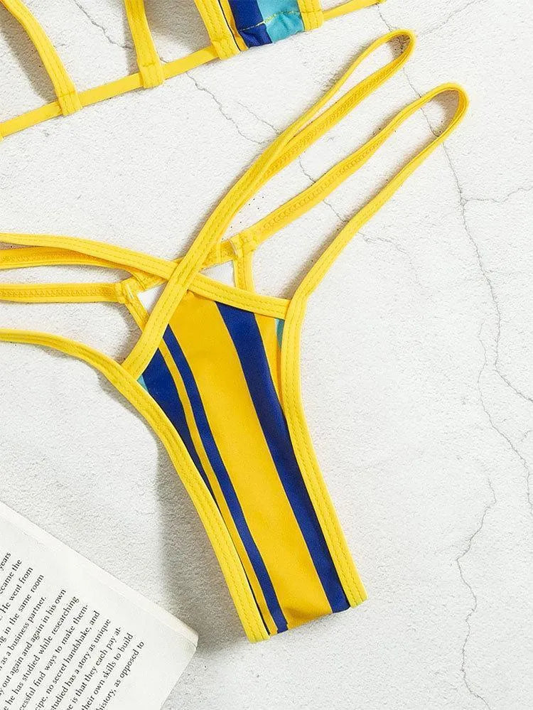 Yellow women's split swimsuit with neck-hanging style and hollow back design