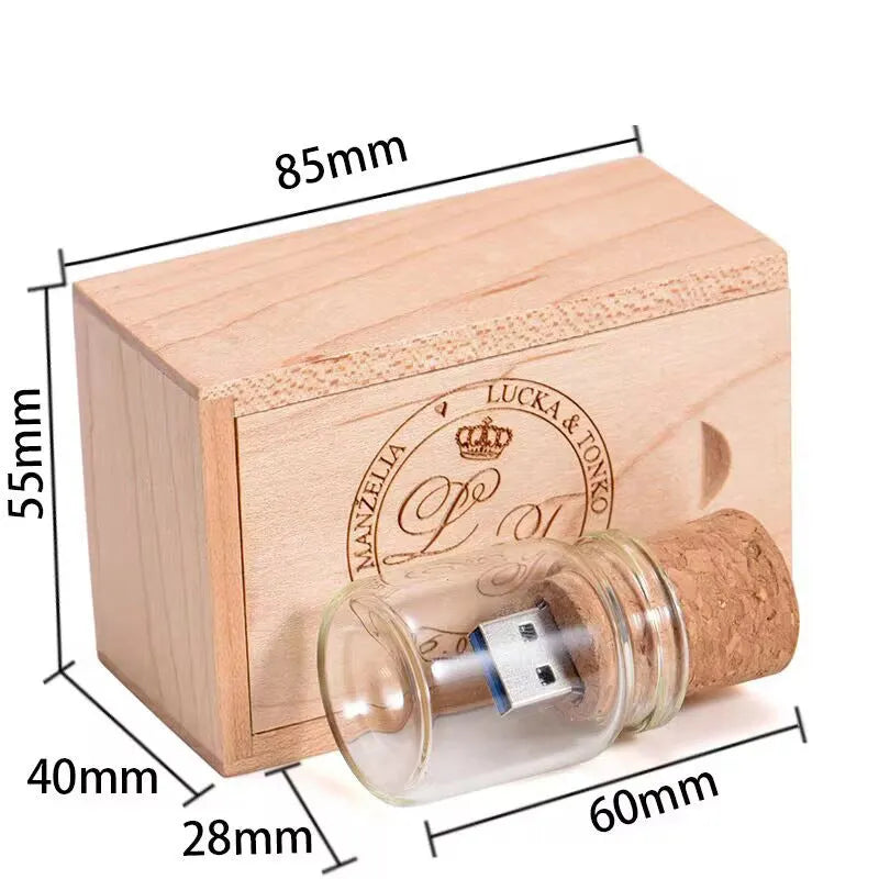 Transparent glass bottle USB flash drive with wooden cap showing 60mm length