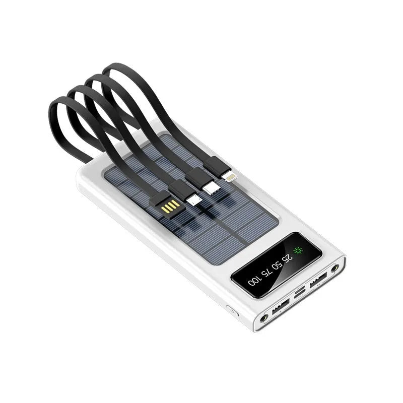 Black and white solar power bank with 20000mAh capacity and four-wire cable for mobile phones