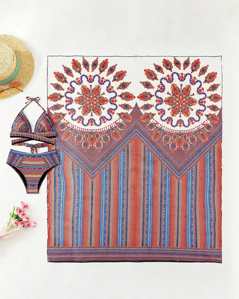 Women's three-piece swimsuit set showing high-waisted briefs, sleeveless blouse and cover-up coat in matching colour