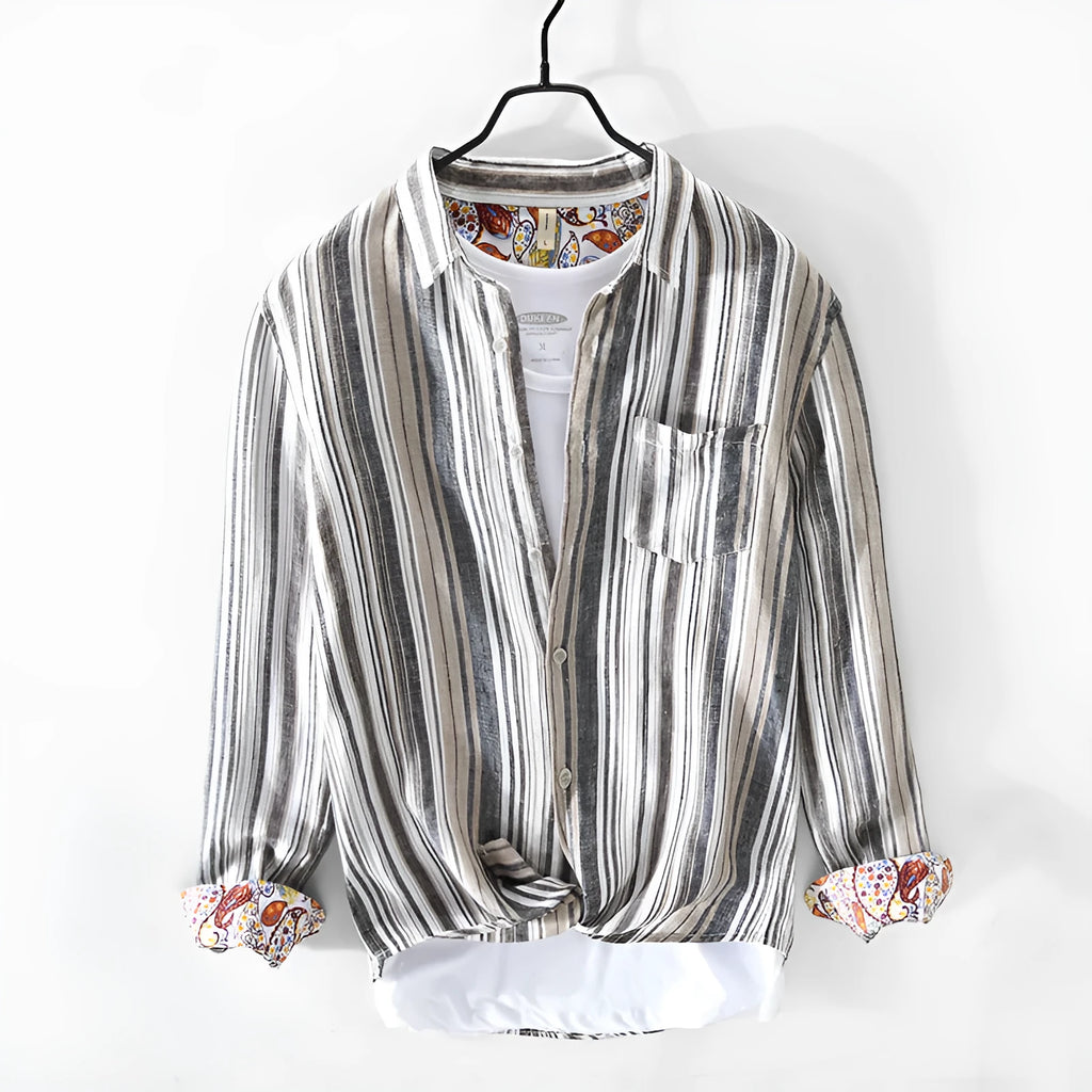 Men's striped linen casual shirt in loose fit with long sleeves