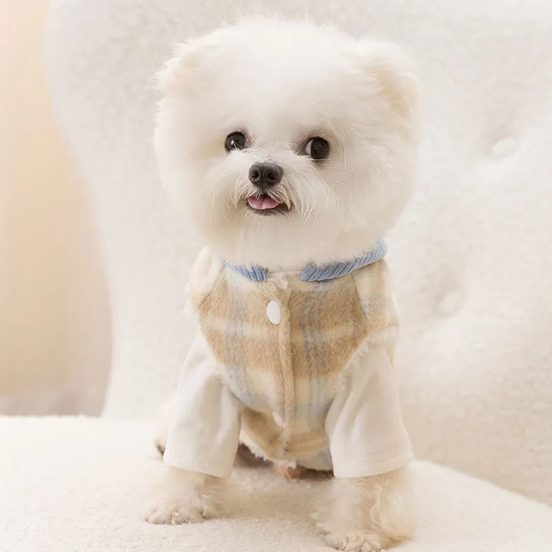 Blue corduroy chessboard grid hooded traction vest for dogs with checkered pattern and functional hood