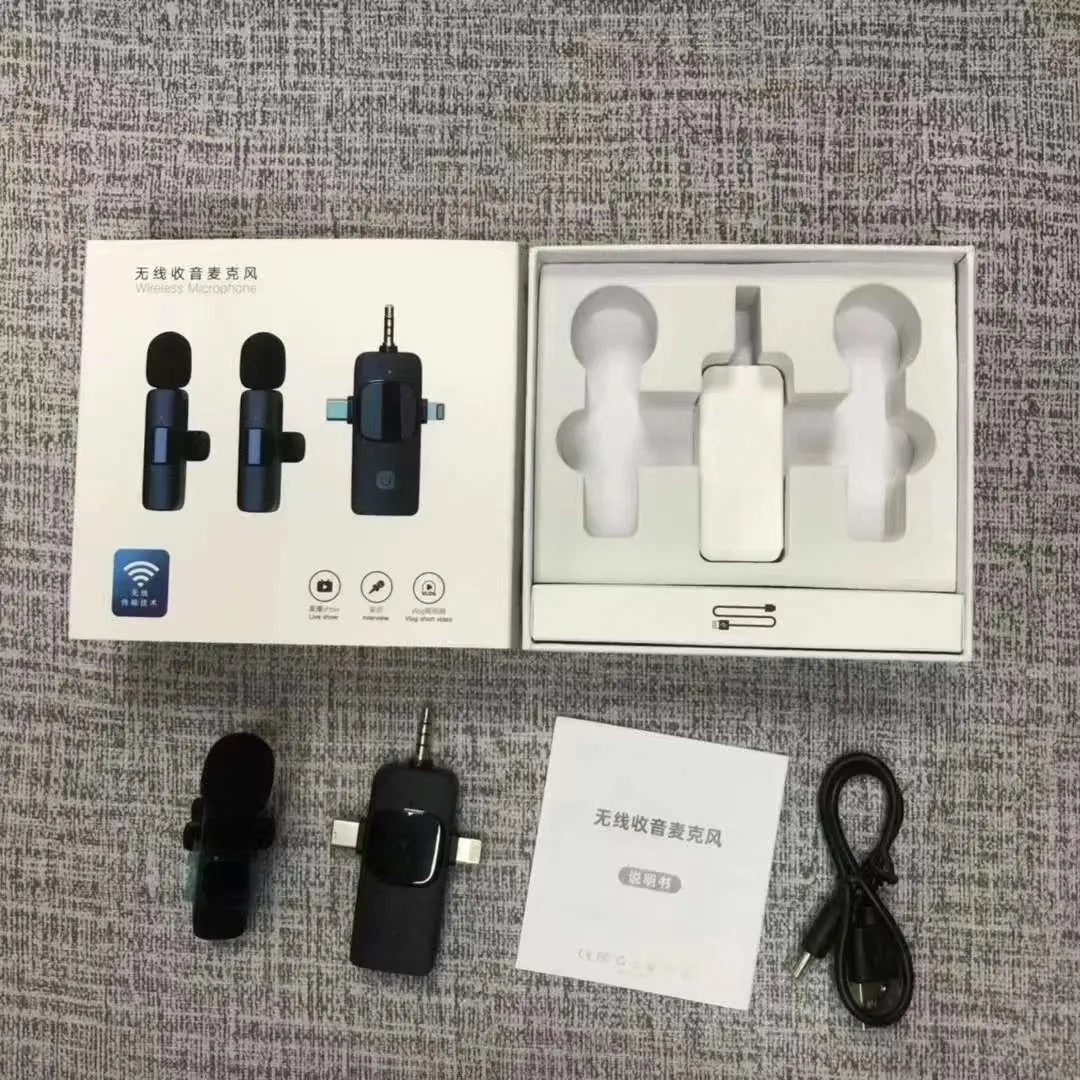Wireless collar clip microphone for smartphones, showing clip design and available connection options.