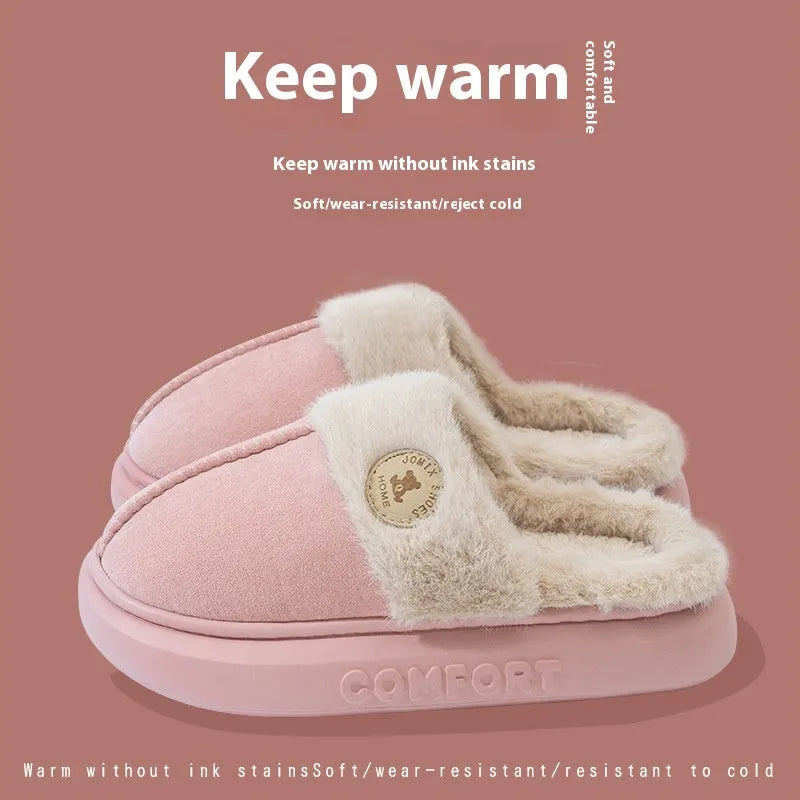 Plush fleece indoor slippers with thick PVC non-slip soles in multiple colours.