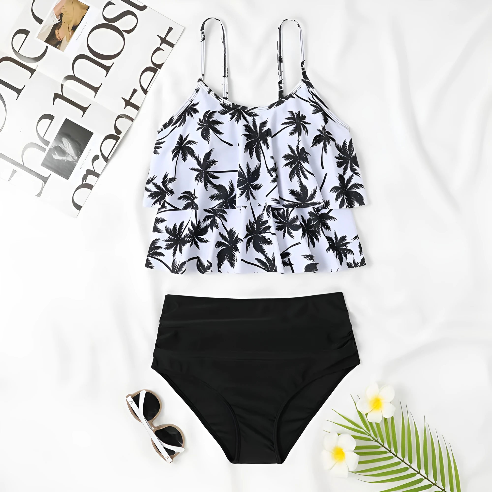 High waist two-piece swimsuit with adjustable ties in black or coconut tree floral print