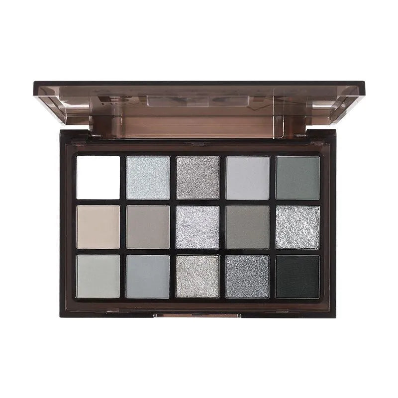 15 colour eyeshadow palette with matte and shimmer shades including cos grey, black, brown and blue tones