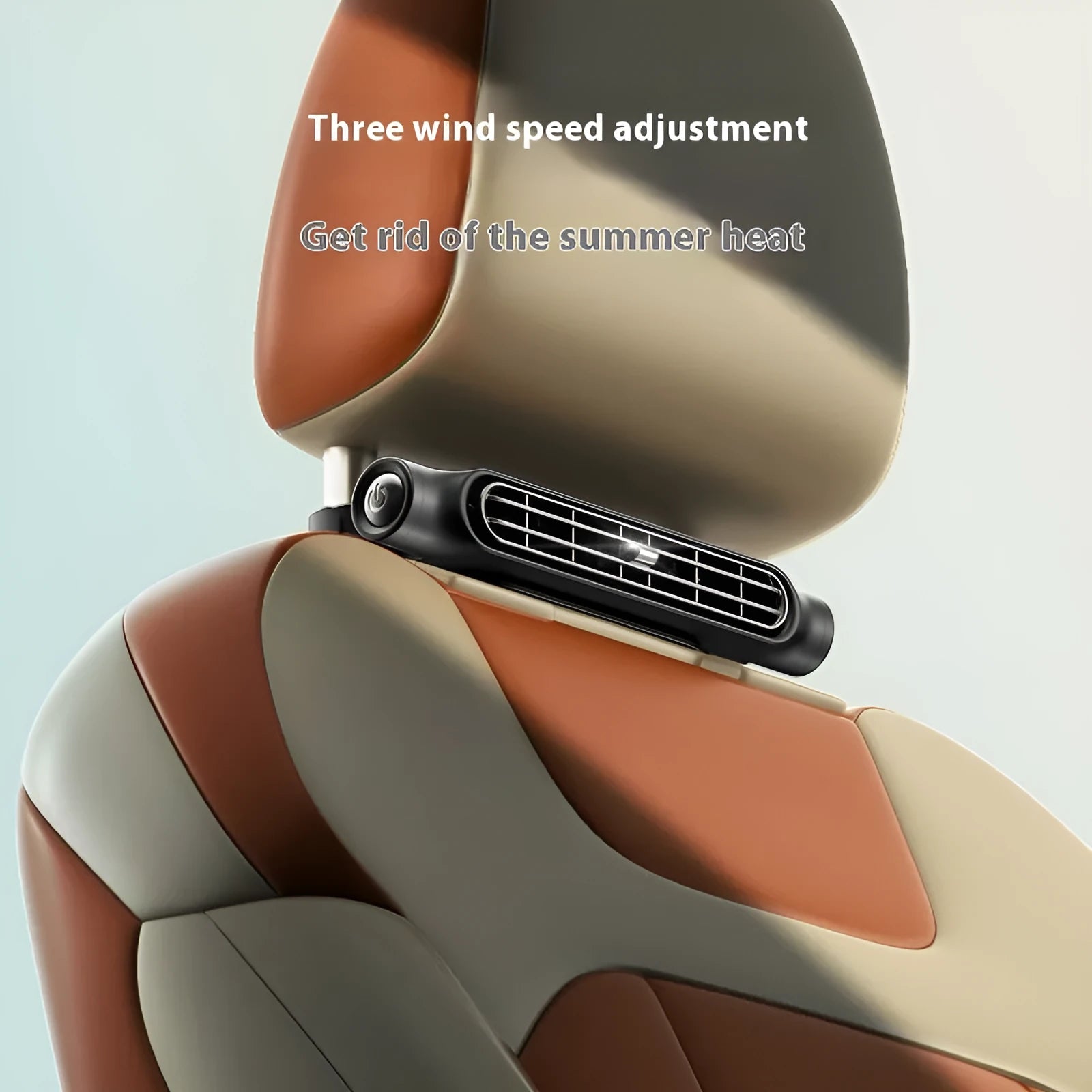 USB car fan mounted on car seat with velcro attachment, showing 3-speed button control