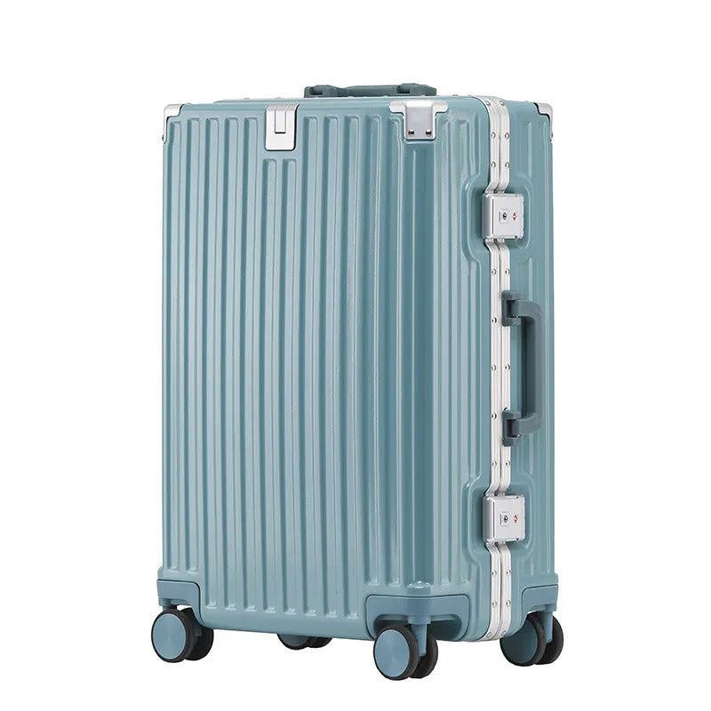 Aluminium frame trolley suitcase with USB port and universal wheels in avocado green colour.