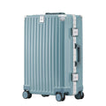 Aluminium frame trolley suitcase with USB port and universal wheels in avocado green colour.