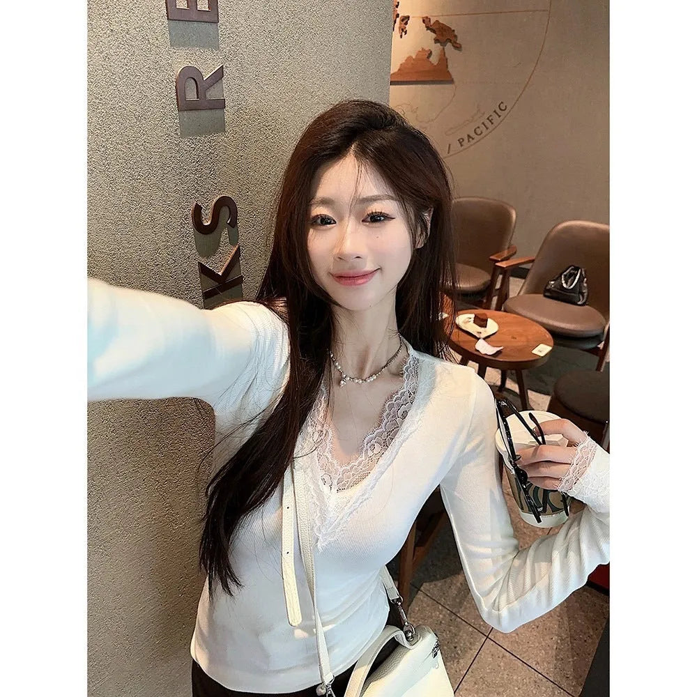 White V-neck Dralon lace stitching brushed long sleeve top for women, slim fit polyester knit