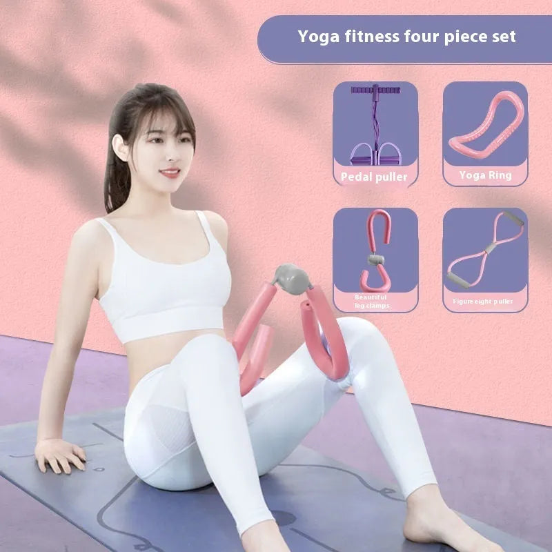 Yoga four piece set showing leg stretching device, pedal exerciser, yoga ring, and tension rope for home fitness training