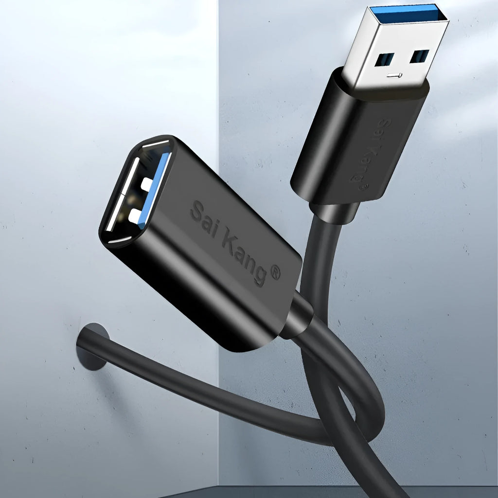 Black USB extension cable with male and female connectors showing shielded design for data transfer