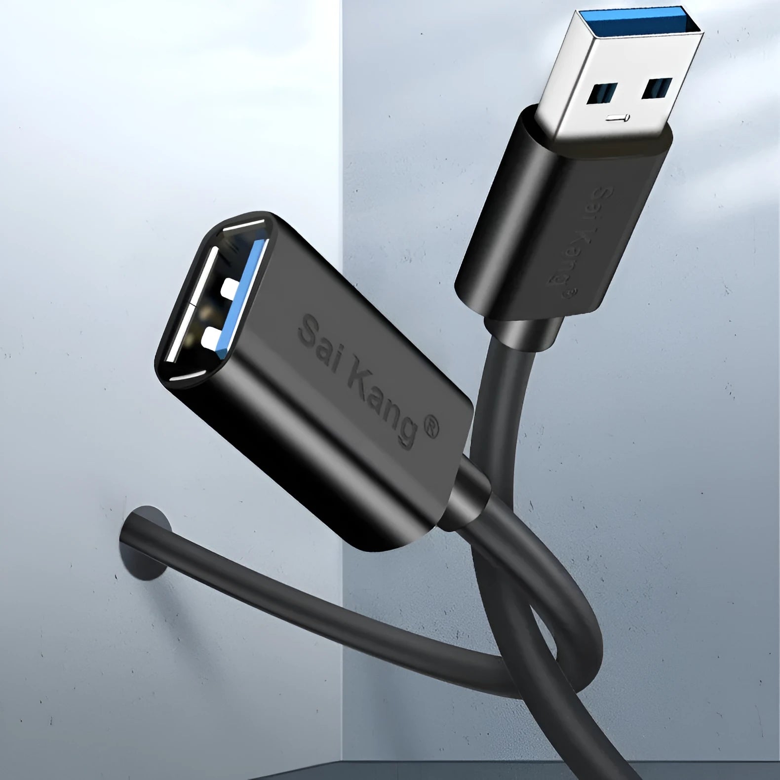 Black USB extension cable with male and female connectors showing shielded design for data transfer