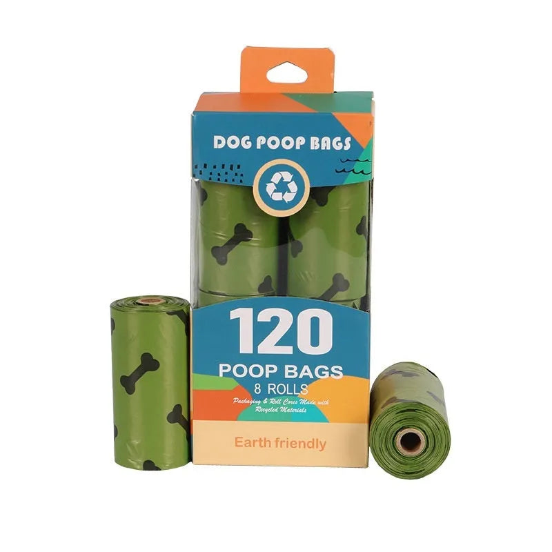 Degradable dog poop bags in military green with black bone print, showing roll format and bag dimensions