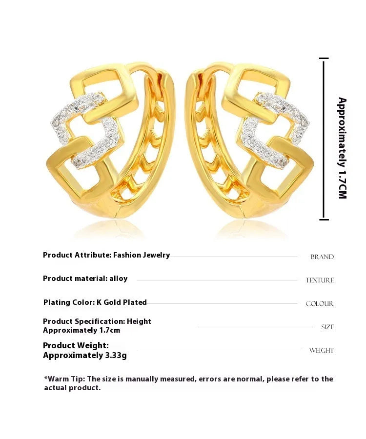 Geometric hollow-out gold electroplated ear clip earrings showing colour separation detail