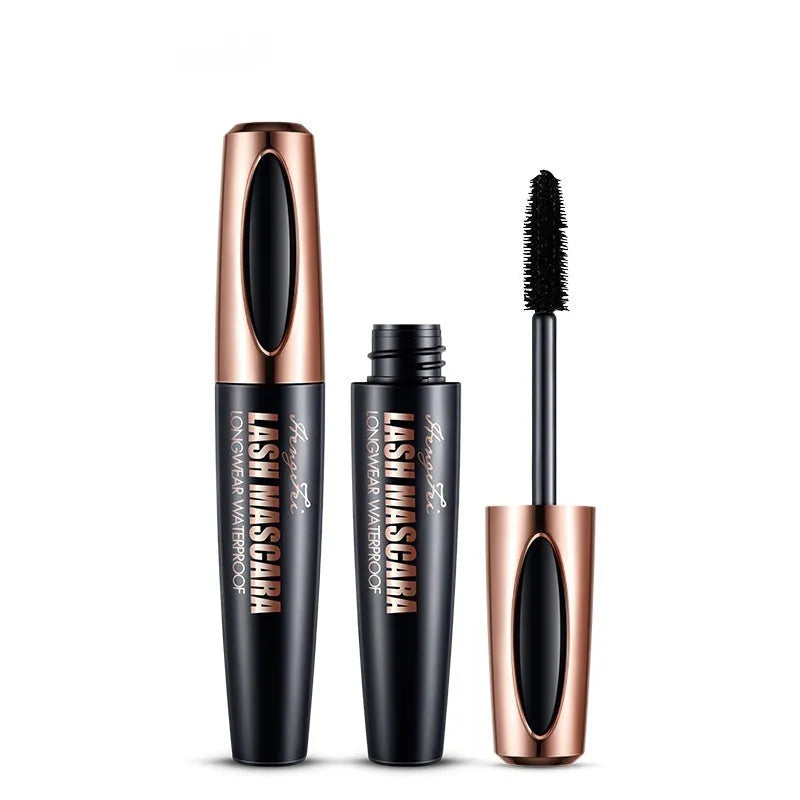 Black waterproof and sweat-proof mascara for thick, curled lashes, shown with OPP bag or colour box packaging.