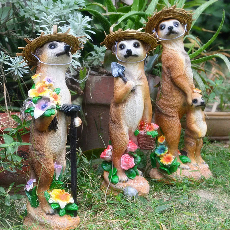 Three straw hat mongoose resin ornaments for garden and bonsai decoration