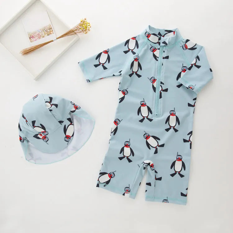 Boy's long sleeve swimsuit with penguin design swimming cap for sun protection