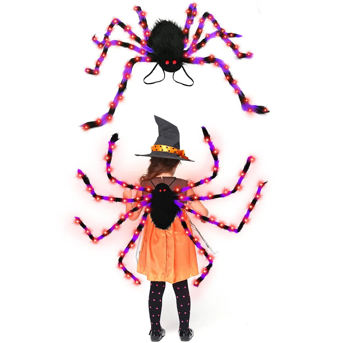 Halloween Spider Backpack with LED lights in plush sugar bag material, shown in orange and purple colour variant.