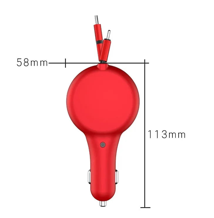 Black retractable car charger with extended charging cables showing three different charging head types