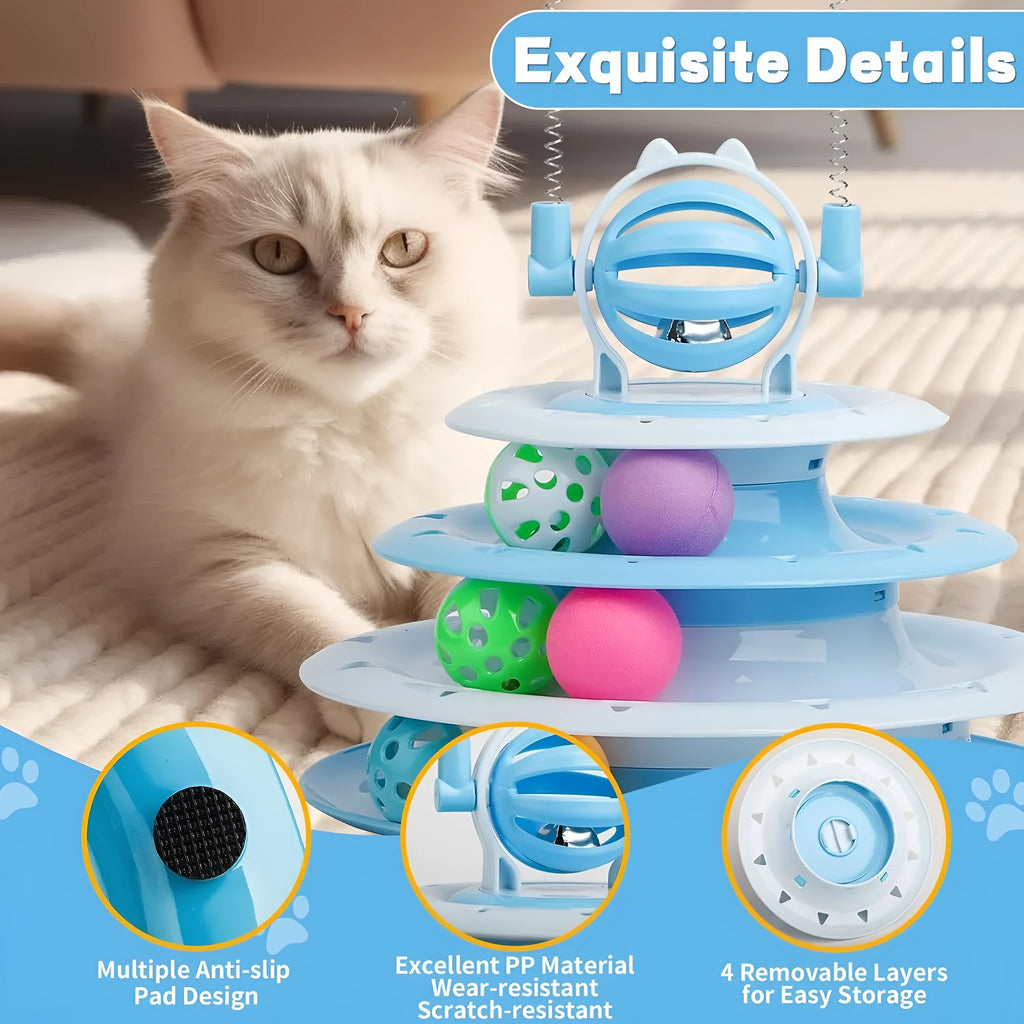 Blue 4-tier interactive cat puzzle toy with balls and teasing rods on a non-slip base.