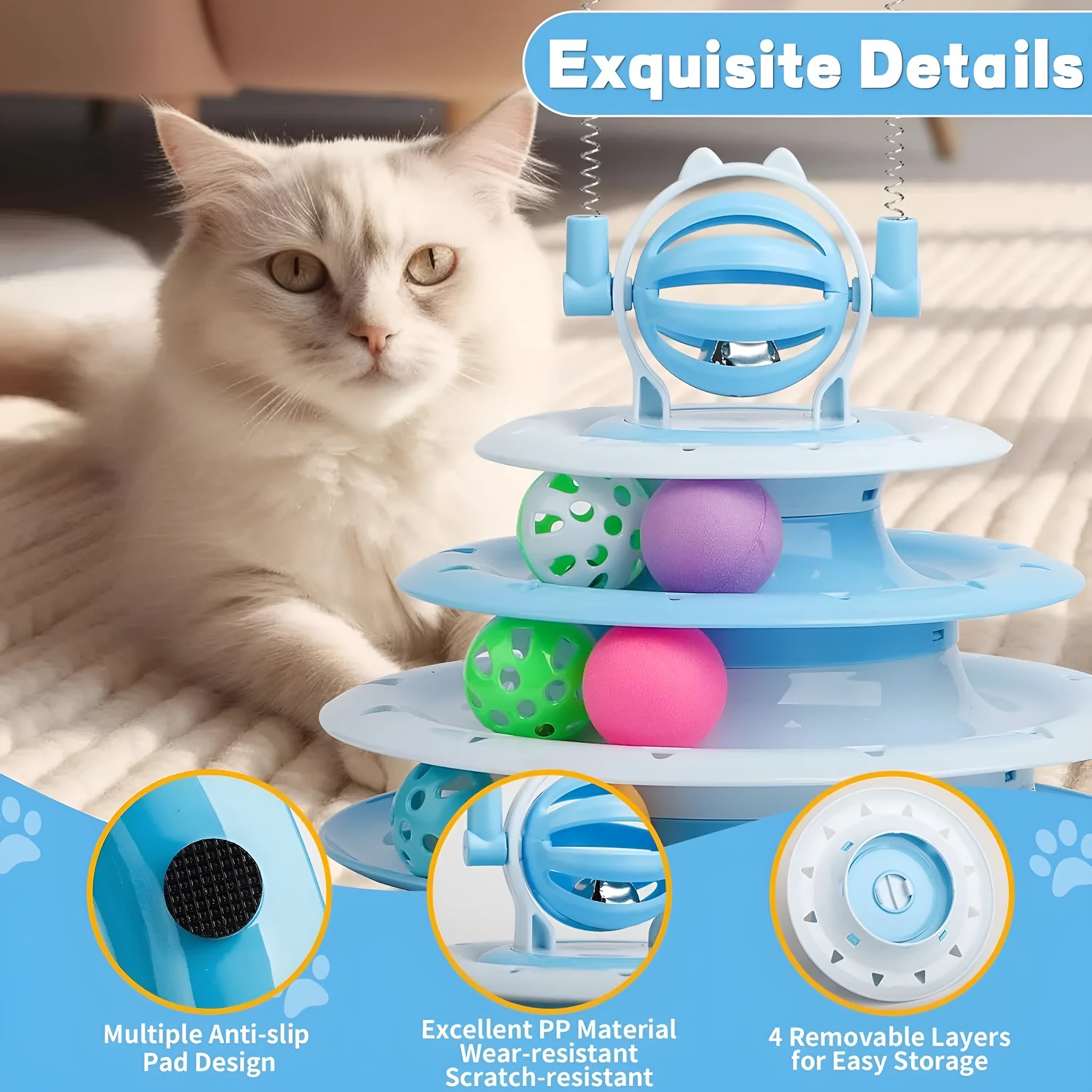 Blue 4-tier interactive cat puzzle toy with balls and teasing rods on a non-slip base.