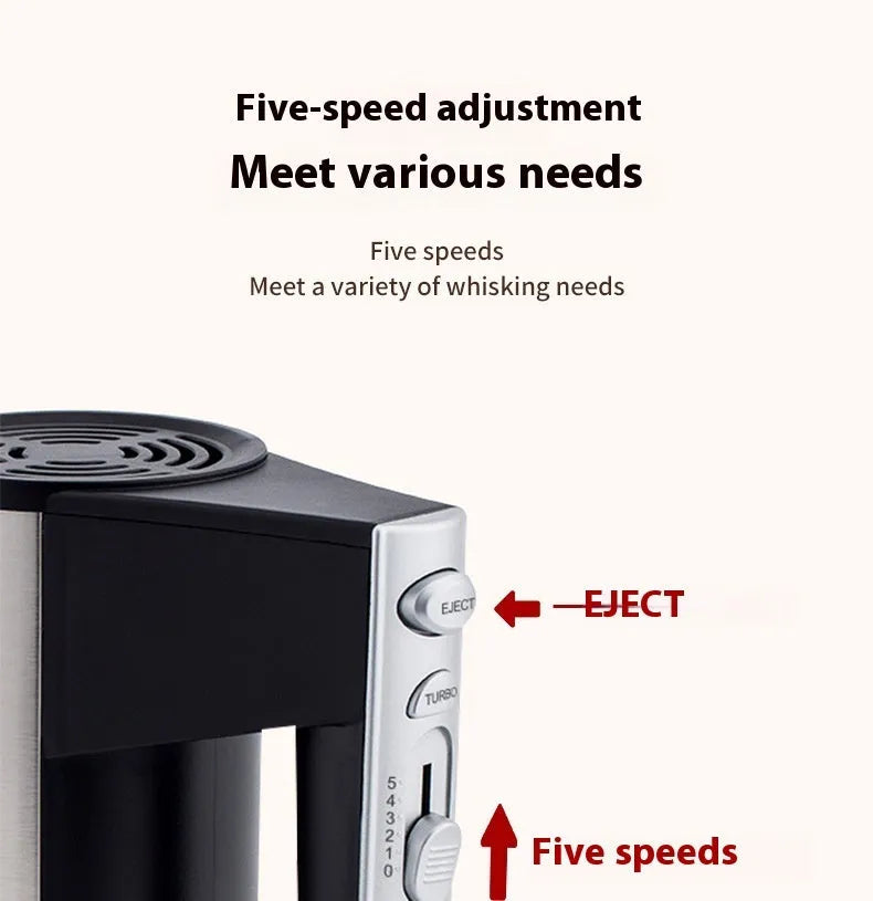 Silver handheld electric mixer with whisk attachment for baking and beating