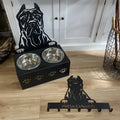 Personalised dog bowl holder with custom name in stainless steel and iron construction