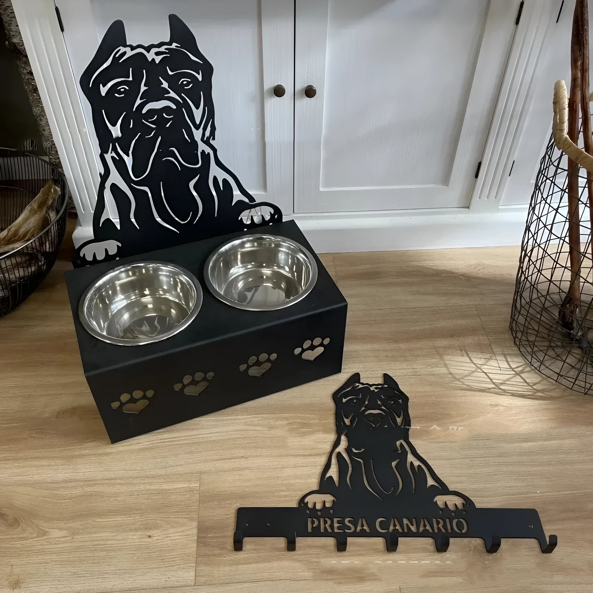 Personalised dog bowl holder with custom name in stainless steel and iron construction
