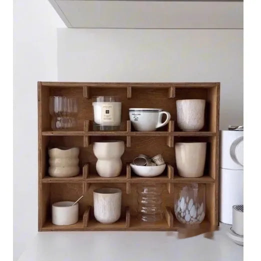 Square birch wood storage rack with multiple grid compartments for cup organisation in meridian colour finish