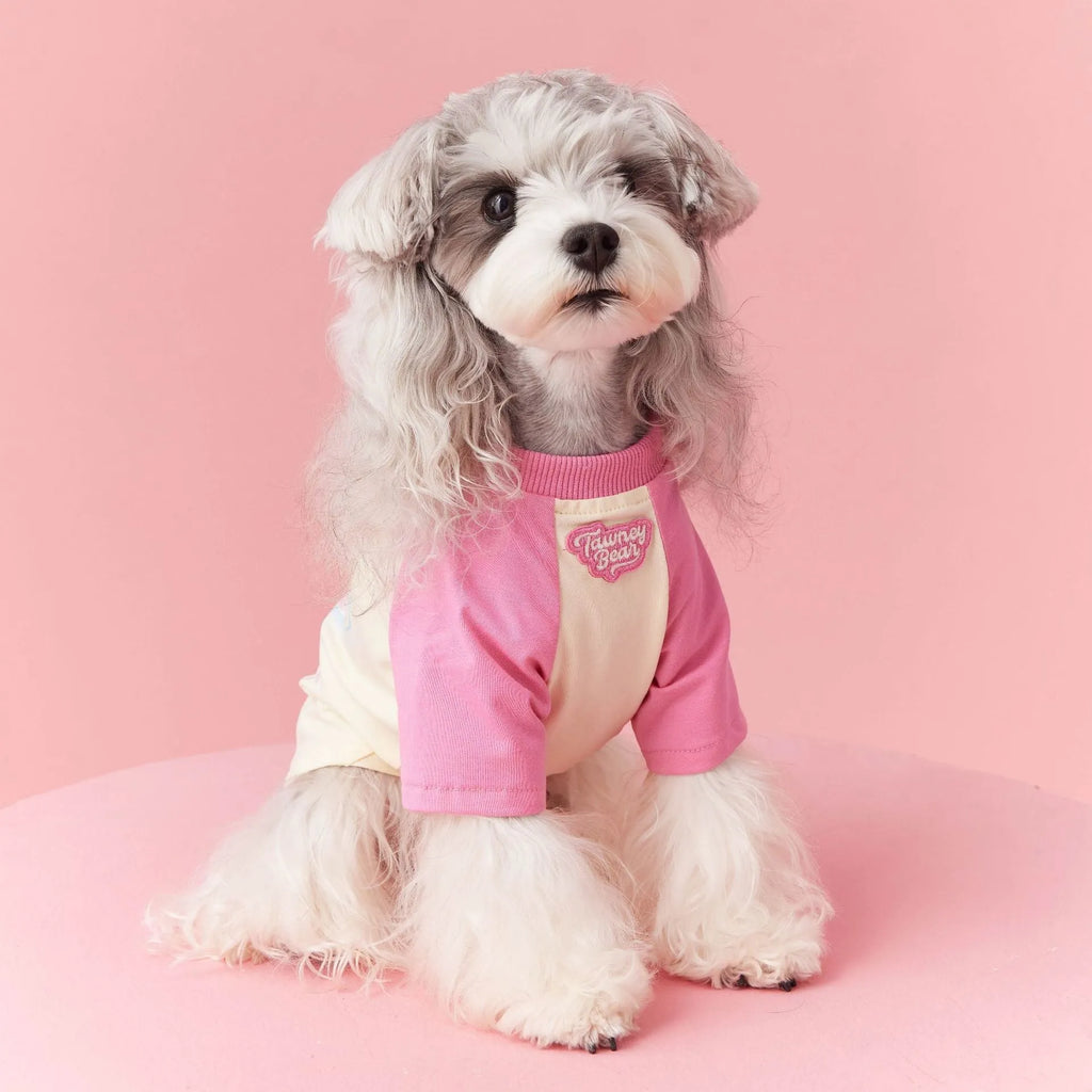 Cotton dog summer clothes in embroidered red or pink with contrast colour detailing