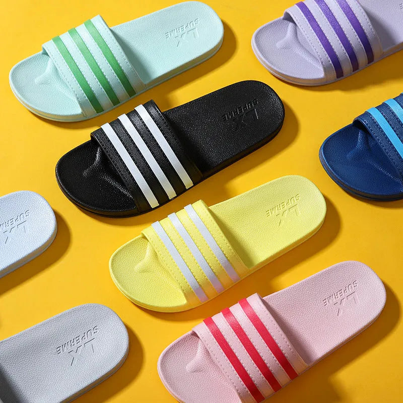 White stripes PVC bathroom slippers for women and men with three-bar design and injection moulded sole
