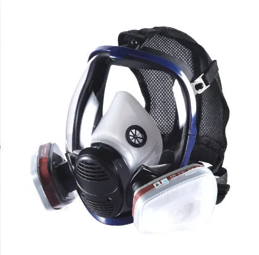 Blue edge spherical full-face gas mask with trapezoidal canister and KN95 protection