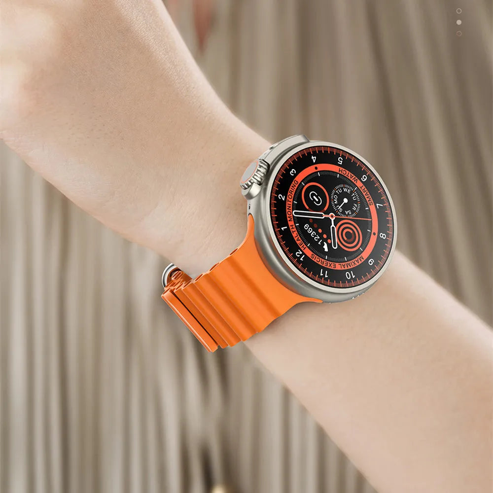 K9 smart watch with round screen showing health metrics and NFC payment capability