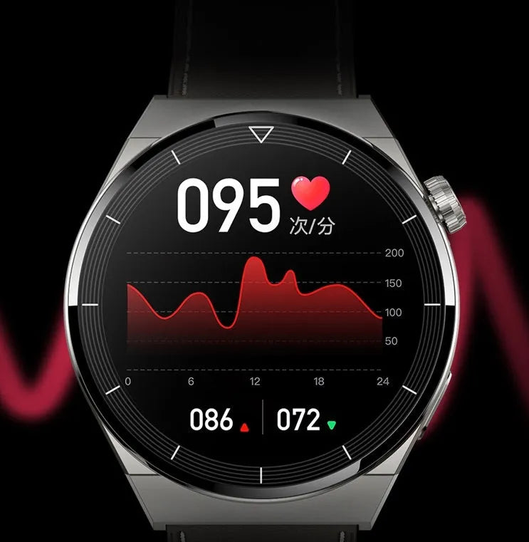 Round Android smartwatch with black silicone band showing Bluetooth and NFC icons on its 1.36-inch screen.