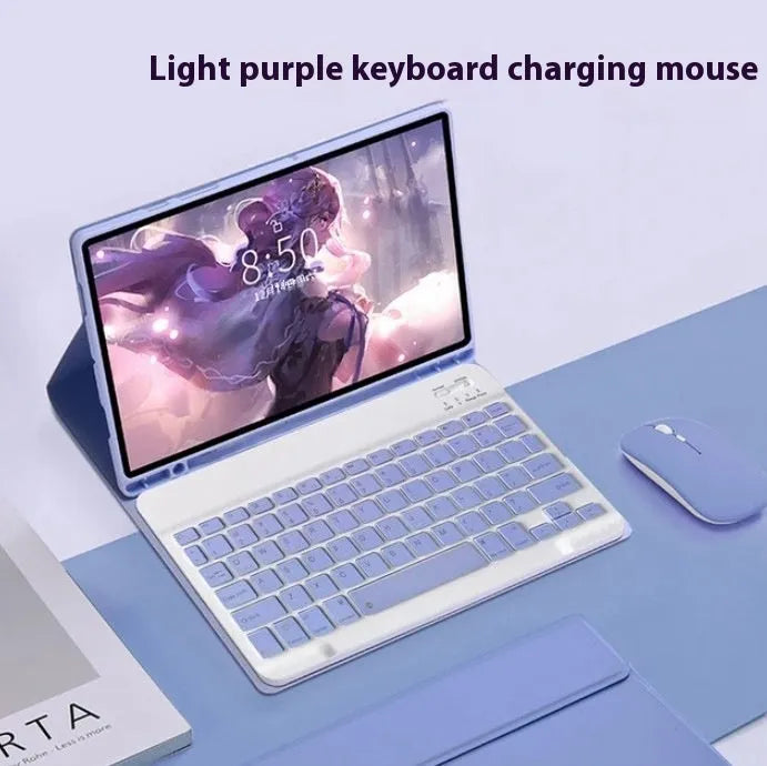 Samsung Galaxy Tab S tablet in a black leather-look case next to a wireless keyboard and charging mouse.