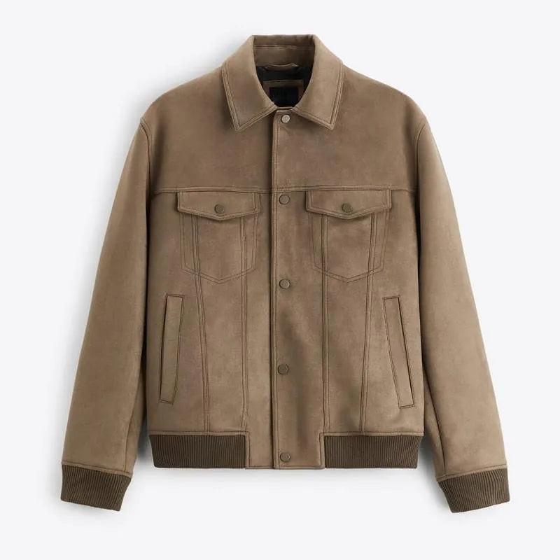 Suede velvet commuter jacket in mink colour with long sleeves, shown on a model.