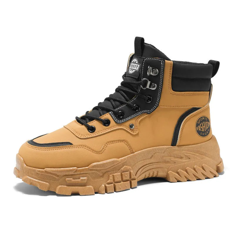 Men's black and yellow Martin boots with artificial PU upper and injection moulded sole