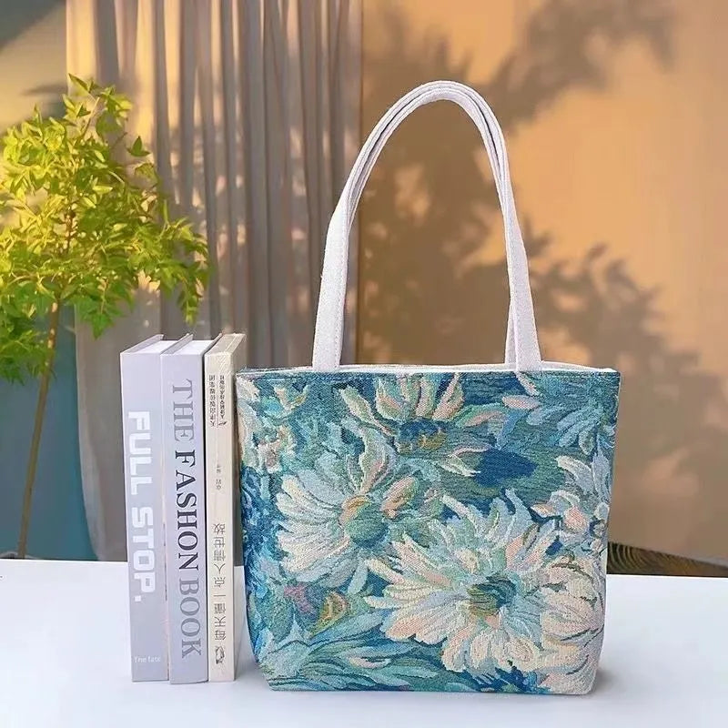 Double-sided gold wire embroidered canvas tote bag with polyester lining in medium size