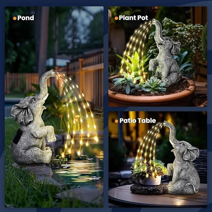 Outdoor garden elephant sculpture made from resin with integrated LED light strip for nighttime illumination