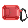 Two-tone plastic clamshell protective case for Apple AirPods with a metal carry hook attached.