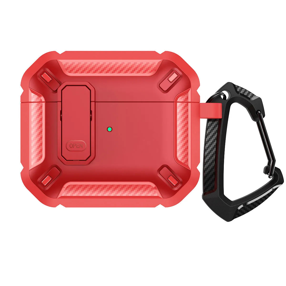 Two-tone plastic clamshell protective case for Apple AirPods with a metal carry hook attached.