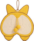 Yellow corgi-butt design sisal cat scratching pad with anti-slip base, shown with adhesive hooks.