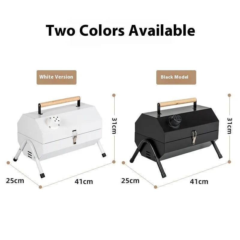 White round portable folding charcoal grill with detachable frying and baking components