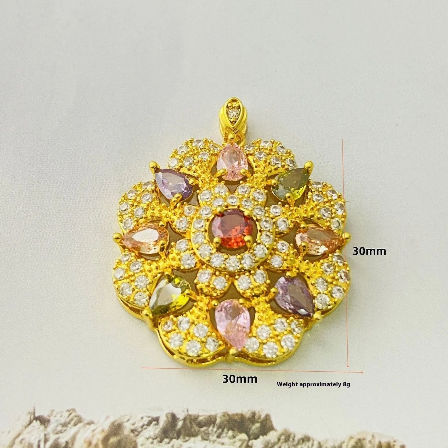 Women's colourful zircon floral pendant necklace showing gold, champagne gold and platinum colour options
