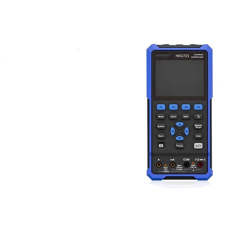 Handheld digital oscilloscope with probe on workbench for automotive electrical testing.