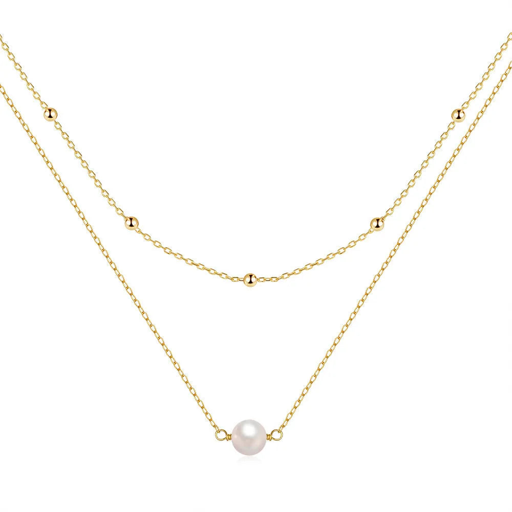 S925 sterling silver double layer women's necklace with twin pearls and geometric pendant on ball bead chain.