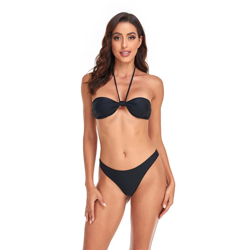 Black polyester women's bikini set with lace-up tube top and briefs.