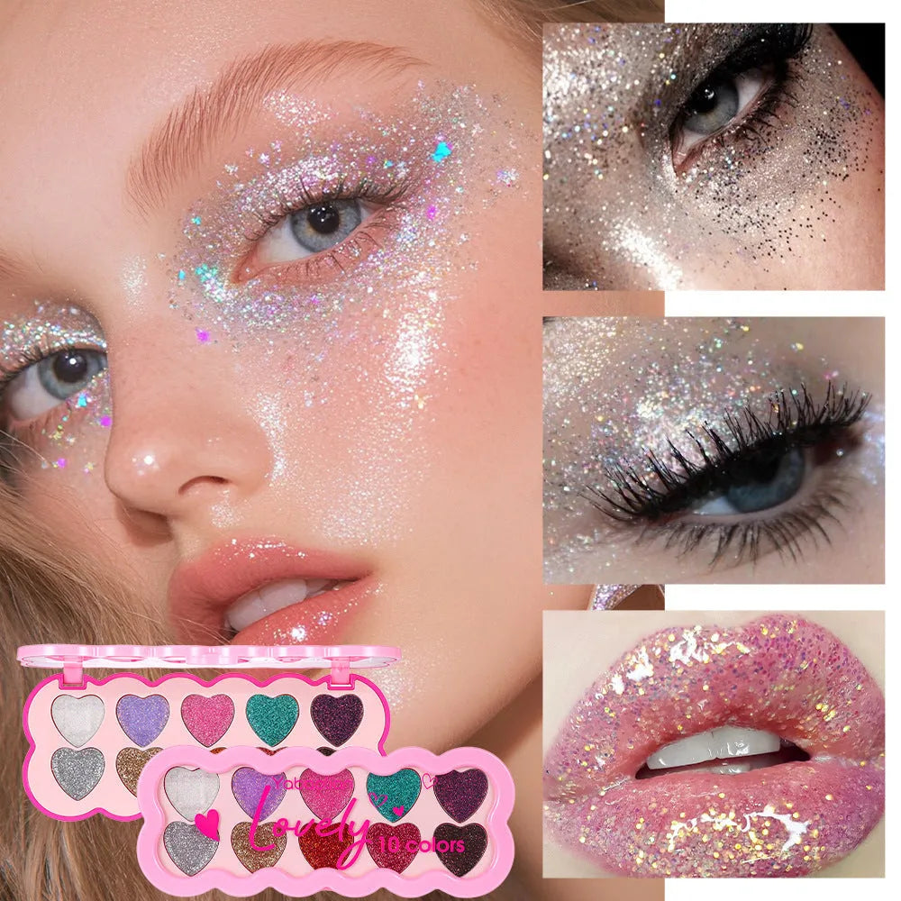 Pearlescent Heart ten-color sequins eye shadow palette showing shades of white, beige, pink, purple, brown, blue, black, royal blue, maroon, and coral.