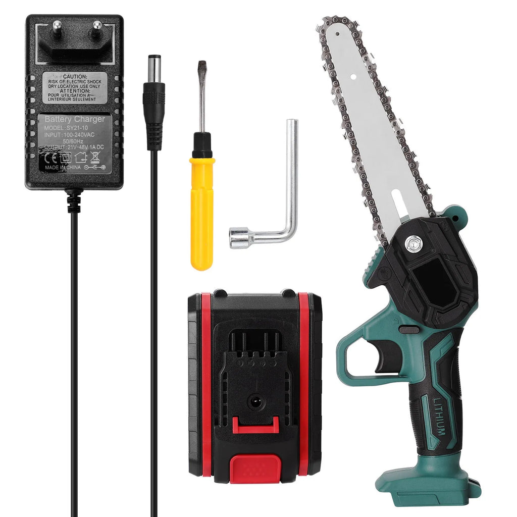 Black and green mini electric chainsaw with 4-inch bar held in one hand.